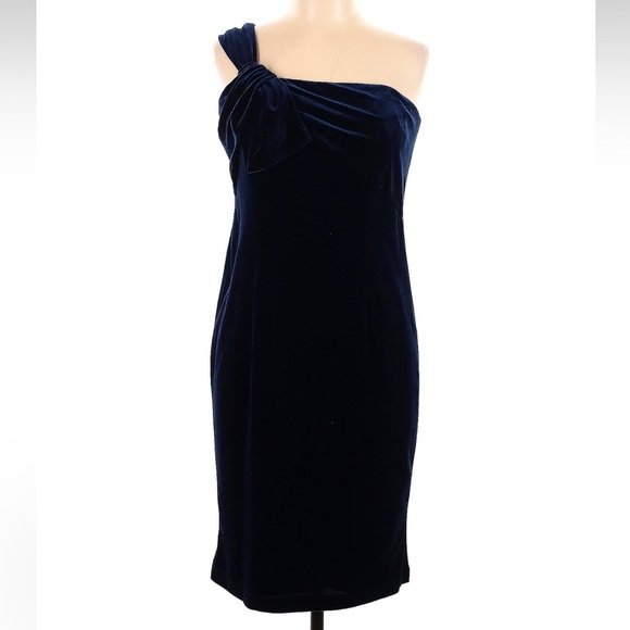 Vintage David Meister Navy Blue Velvet Bow One Shoulder Dress Size 10 Medium M - Picture 1 of 7